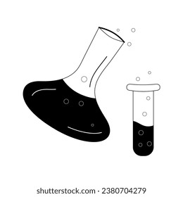 Isolated doodle chemical flasks with bubbles black and white. Outline vector Icon school supplies. Back to school Design element for banner, sticker, cover, postcard, icon, poster, web