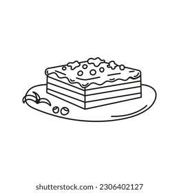 Isolated doodle chocolate cake on plate black and white. Outline vector. Icon sweets concept.