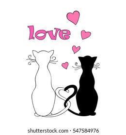 Isolated doodle couple cats with hearts and word love for Valentine greeting card, invitation, save date, wedding, holiday. Print for decorate t-shirt, tunic, bag, home, dishes. eps 10. 
