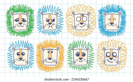 Isolated doodle cute Lion emoticons. Cute set of vector animals with emotions. Cartoon feline, lion for print, children and baby vector development