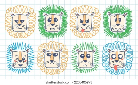 Isolated doodle cute Lion emoticons. Cute set of vector animals with emotions. Cartoon feline, lion for print, children and baby vector development