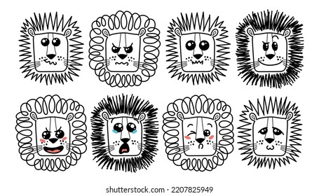 Isolated doodle cute Lion emoticons. Cute set of vector animals with emotions. Cartoon feline, lion for print, children and baby vector development