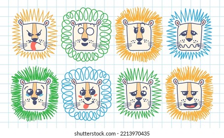 Isolated doodle cute Lion emoticons. Cute set of vector animals with emotions. Cartoon feline, lion for print, children and baby vector development