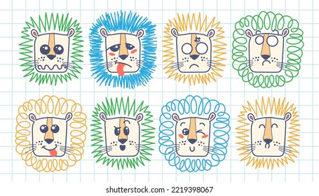 Isolated doodle cute Lion emoticons. Cute set of vector animals with emotions. Cartoon feline, lion for print, children and baby vector development