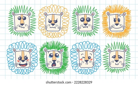 Isolated doodle cute Lion emoticons. Cute set of vector animals with emotions. Cartoon feline, lion for print, children and baby vector development