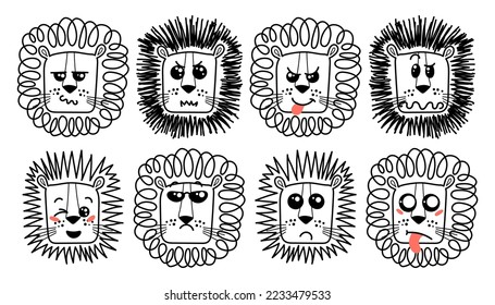 Isolated doodle cute Lion emoticons. Cute set of vector animals with emotions. Cartoon feline, lion for print, children and baby vector development