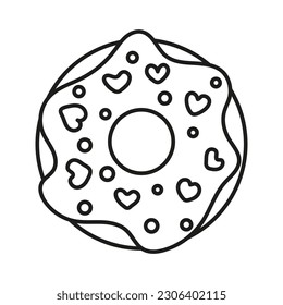 Isolated doodle Donut with hearts black and white. Outline vector illustration Icon sweets concept.