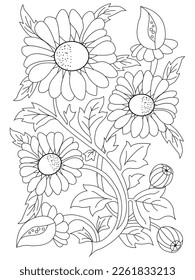 isolated, Doodle floral in black and white. Page for coloring book, interesting and relaxing art for children and adults.