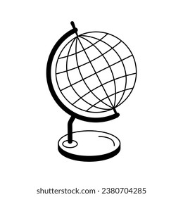 Isolated doodle globe on stand black and white. Outline vector Icon school supplies. Back to school Design element for banner, sticker, cover, postcard, icon, poster, web