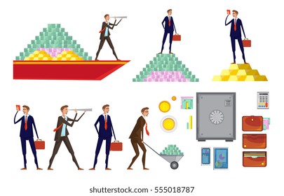 Isolated doodle images set with allusive money pyramids wallets office worker characters raising and carrying money vector illustration