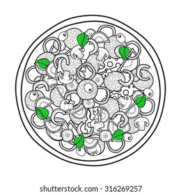 Isolated doodle monochrome pizza with basil on a white background. Subject to design menu. 