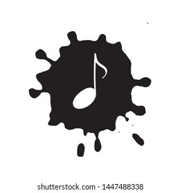 Isolated doodle music symbol note on black spot of paint. Hand draw cute doodle shape for design poster, background, logo, menu, wallpaper. Vector Illustration 