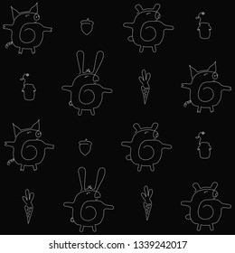 Isolated doodle piglet, hare, and bear with carrots, acorns, and honey pot