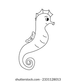 Isolated doodle sea Horse black and white. Outline vector illustration Icon sea animals. Ocean dweller. Simple elements for icon, cover, print, poster, card, web element, card for children.
