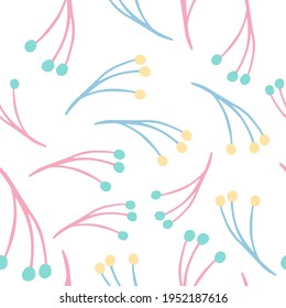 Isolated doodle seamless pattern with pink and blue colored berry branches ornament. White background. Decorative backdrop for fabric design, textile print, wrapping, cover. Vector illustration.