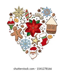 isolated doodle set of heart-shaped christmas ginger cookies on a white background
