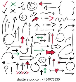 Isolated doodle vector arrows set (red, black and green), hand drawn