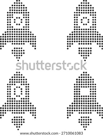 Isolated dot style rocket icon, dot map style rocket vector, space shuttle black dot graphic, minimal dot style icon, launch spacecraft vector illustration, technology aviation design project