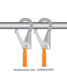 Isolated double hook of safety harness hooked on the railing vector illustration template. Industrial, construction safety.