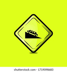 isolated  down hill road sign warning on yellow diamond board. flat vector design. Vector of a traffic sign with a yellow backgroundVector of a traffic sign with a yellow background