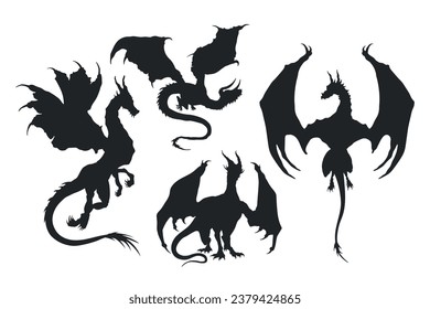 Isolierte Drachensilhouetten. Schwarze Zeichnung des Fantasiemonsters. Mittelalterliche legendäre Reptilien. Märchenhafte Clipkunst, Vektorgrafik