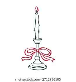 Isolated drawing candle in an elegant candlestick with bow in retro sketch ink style. Flat vector illustration. Trendy design for card, poster, social media. Christmas concept.