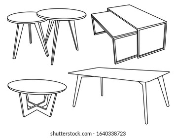 Isolated drawing of a collection of tables, set of different tables.