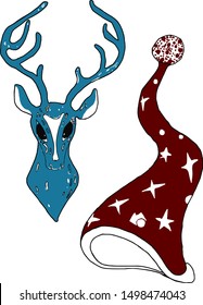 Isolated drawing of a deer and Santa Claus hats. Set for New Year's decoration. For printing on packaging, clothes, elements for designers