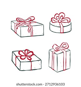 Cajas de regalo de dibujo aisladas decoradas con arcos rojos en estilo de tinta de boceto retro. Ilustración vectorial plana. Bordes ásperos. Ideal para tarjeta, póster, redes sociales. Concepto de Navidad.