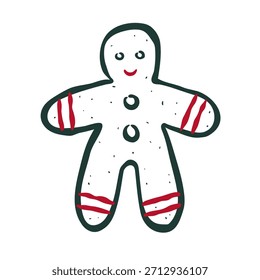 Isolated drawing gingerbread man in retro sketch ink style. Flat vector illustration. Rough edges. Perfect for card, poster, social media. Christmas concept.