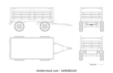 Isolated drawing of tractor trailer in outline style. Side, front and back view of agriculture machinery. Farming machinery on white background. Industrial blueprint. Vector illustration