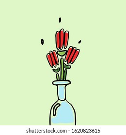 Isolated drawing of tulips in a in glass bottles in doodle style. Cute bright red Potted flowers with green leaves for Womens Day, Birthday, invitation card design, gift wrapping, party decoration