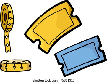 Isolated drawings of blank paper tickets in gold and blue colors