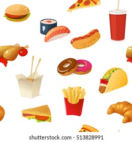 Isolated drawn fastfood elements with essential junk food symbols of burgers and sweets on blank background vector illustration