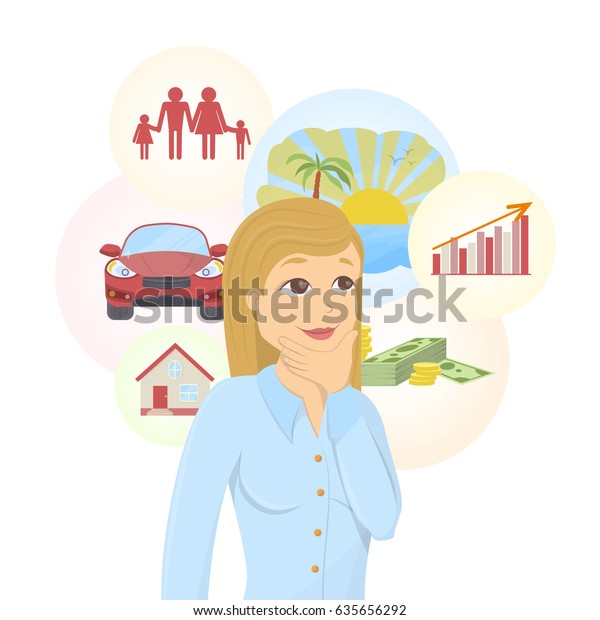 Isolated dreaming businesswoman with dream\
bubbles with family, money, car and\
more.