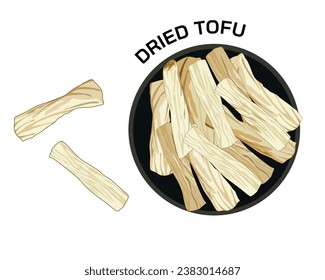 isolated dried tofu on black round plate. vector food ingredients illustration, high protein food from soy bean, vegetarian recipe, organic product. natural phytoestrogen. hot pot side dish.