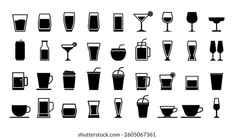 Isolated Drink and Beverage vector icon set, Cocktail, Beer, Coffee and Martini, Liquor, Alcohol pictogram symbol for Bar and Bistro, Restaurant graphic elements (Editable)