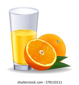 Isolated drink. Glass of orange juice and slices of orange fruit isolated on white background.  Objects can be placed on any background. Vector design elements