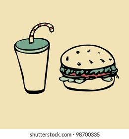 Isolated drink with straw and hamburger