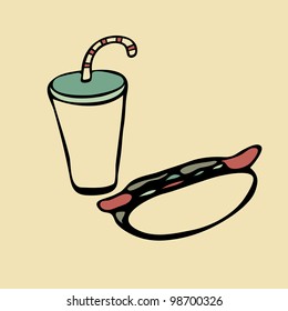 Isolated drink with straw and hot dog