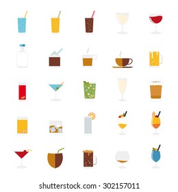 Isolated drinks and beverages icons vector set. Collection of 25 flat design color symbols on white background