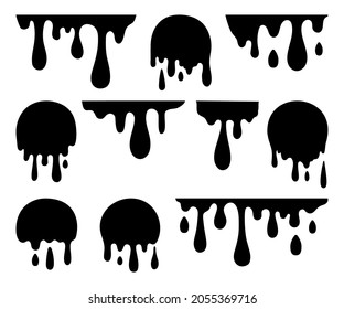 Isolated dripping paint. Melted drip, black drops. Liquid graphic ink stain, melting syrup or chocolate. Droplets silhouettes, decent vector collection