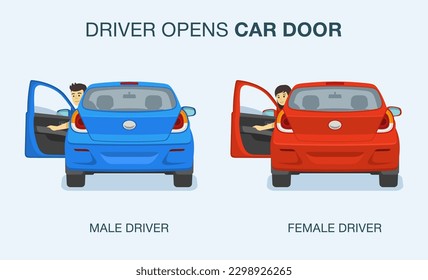 Isolated drivers opening car front door. Male and female drivers looks back while getting out of the car. Back view. Flat vector illustration template.