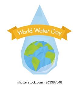 an isolated drop of water with our planet and a ribbon with text