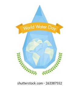 an isolated drop of water with our planet, a laurel wreath and a ribbon with text