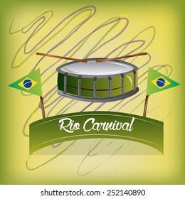 an isolated drum, a pair of brazilian flags and a ribbon with text for carnival
