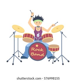 Isolated drum player on white background. Cool singer and musician.