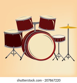 an isolated drum set in a light yellow background