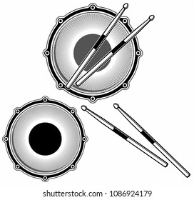 Isolated drum and drum sticks, vector logo design elements.