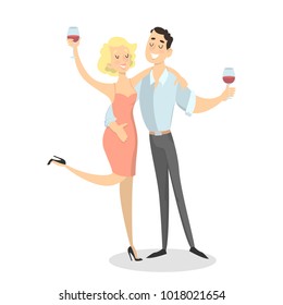 Isolated drunk couple with wine glasses on white.